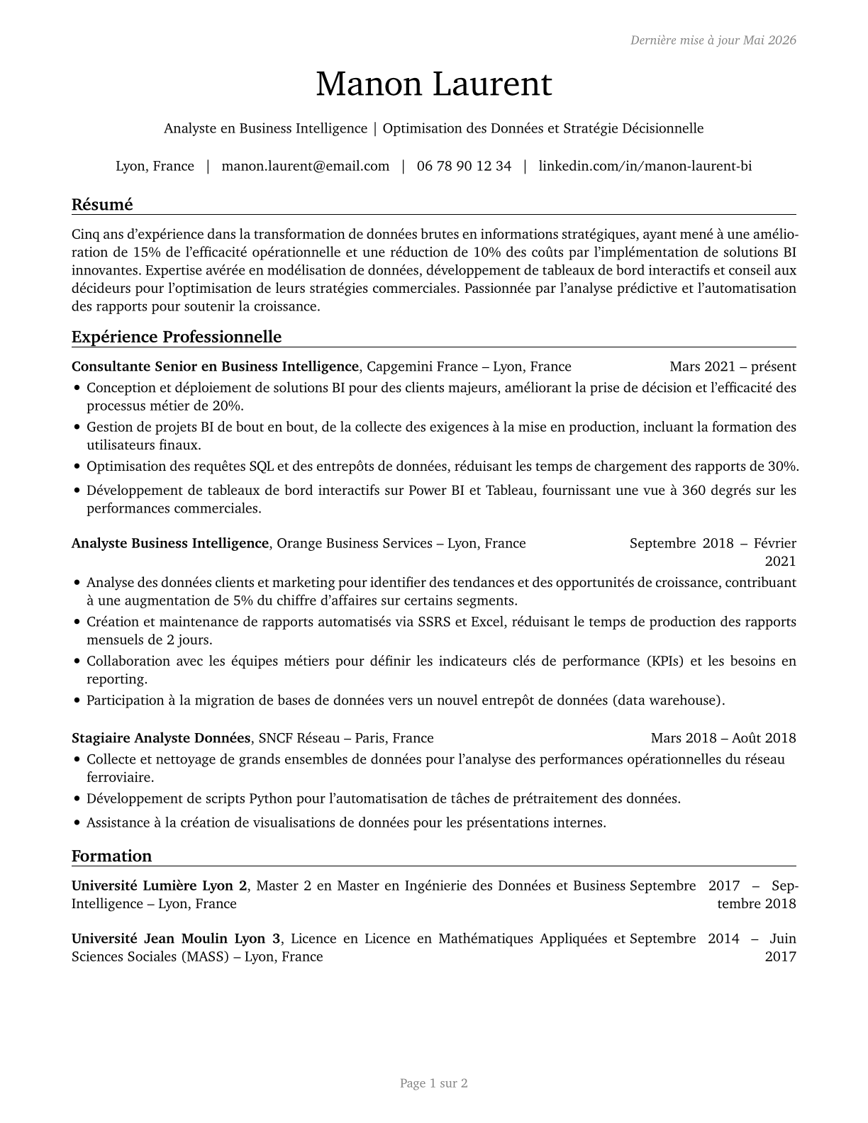 Business Intelligence Analysts CV in French — page 1