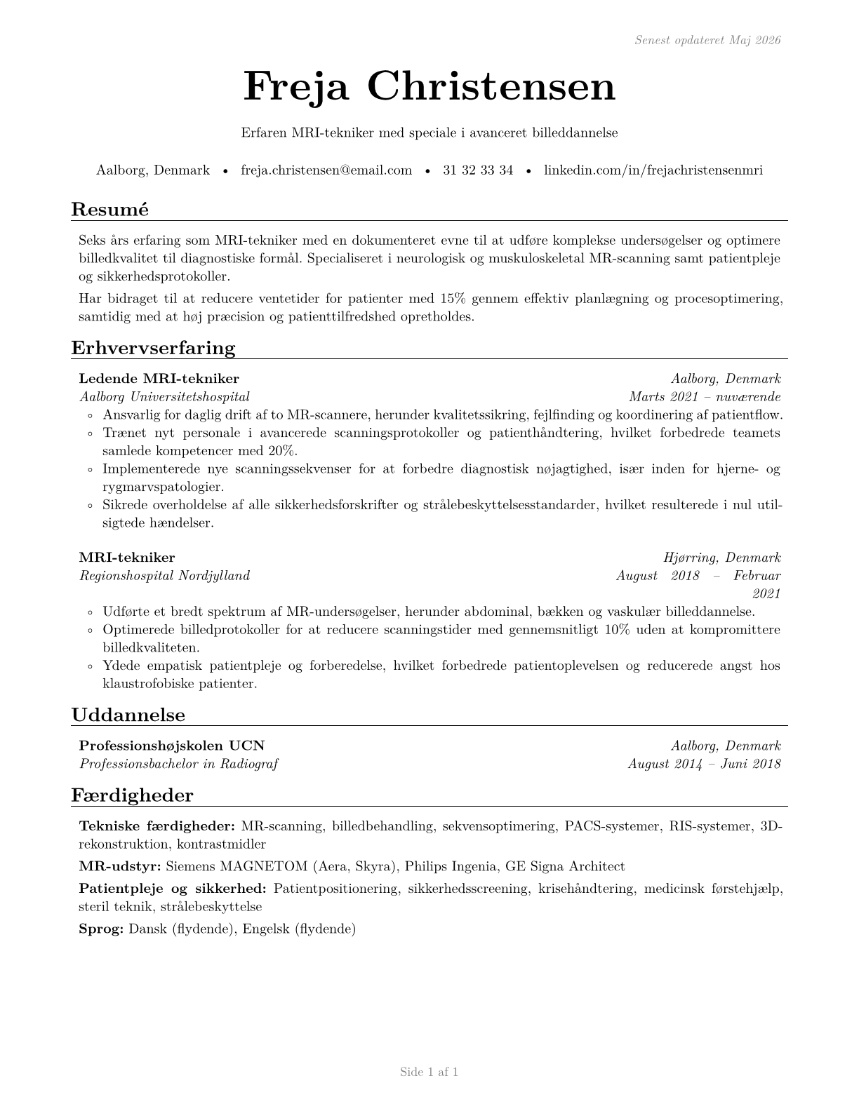 Magnetic Resonance Imaging Technologists CV in Danish — page 1