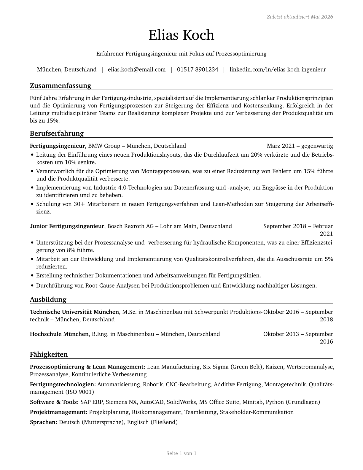 Manufacturing Engineers CV in German — page 1