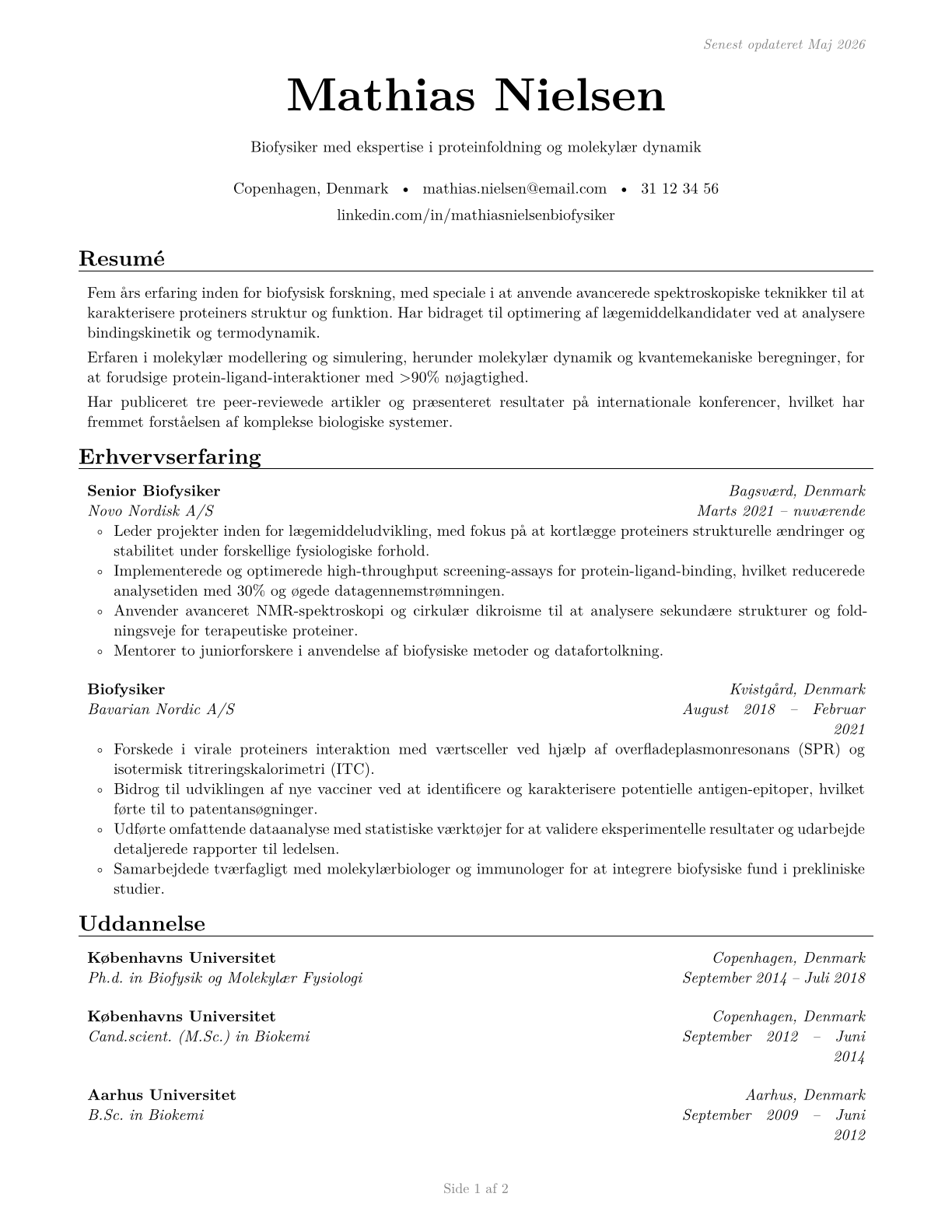 Biochemists and Biophysicists CV in Danish — page 1