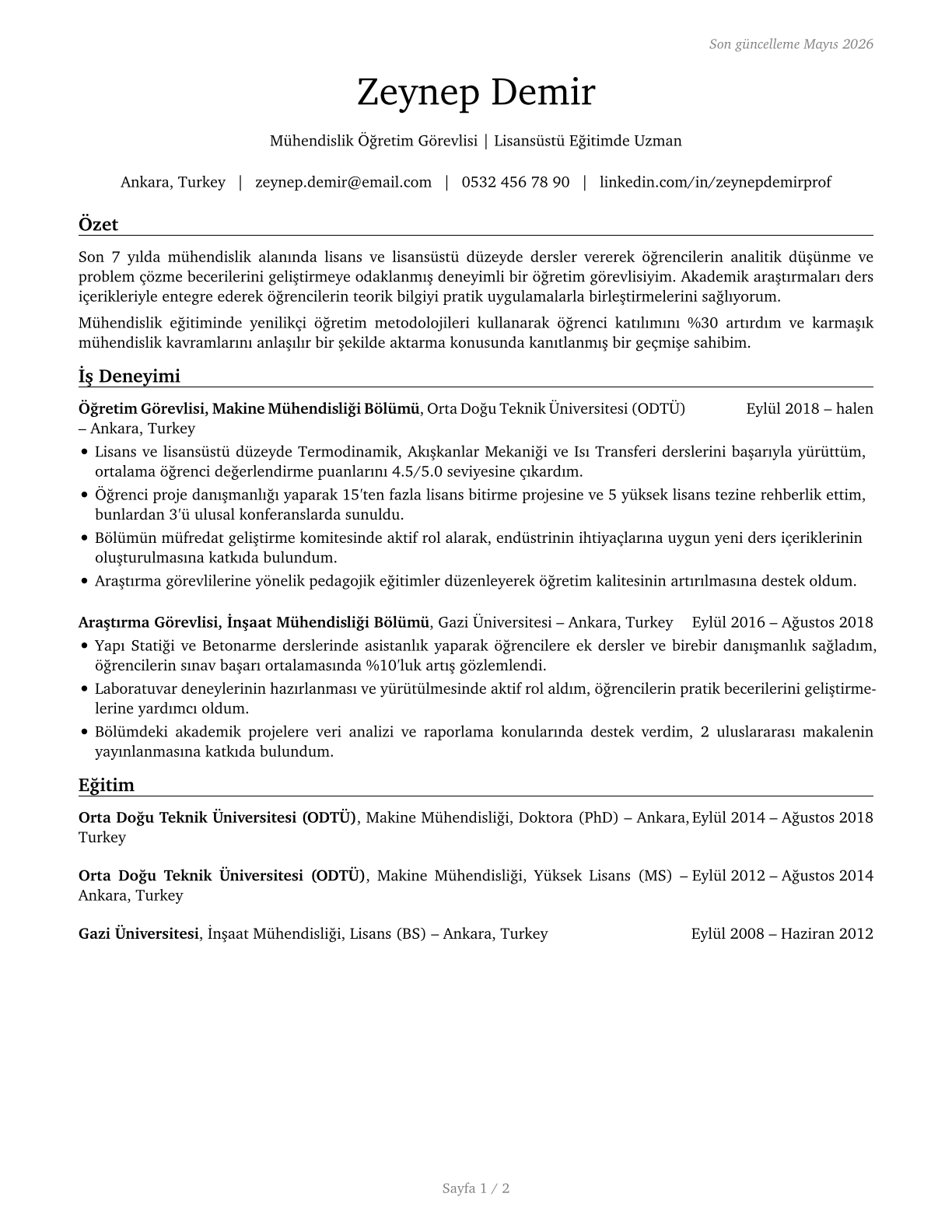 Engineering Teachers, Postsecondary CV in Turkish — page 1