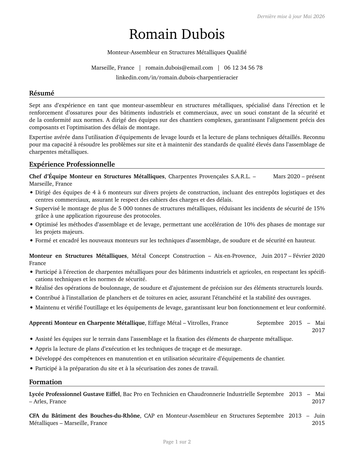 Structural Iron and Steel Workers CV in French — page 1