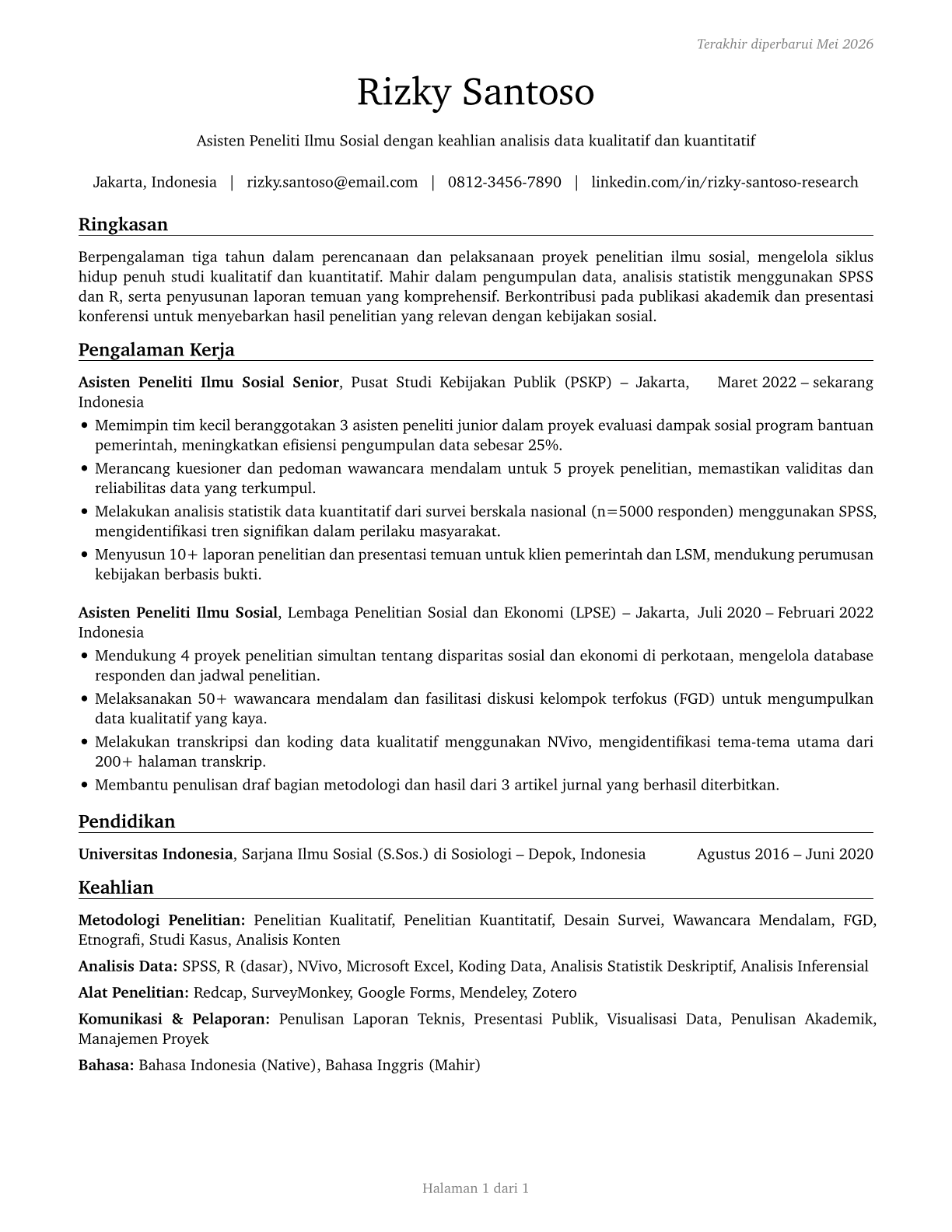 Social Science Research Assistants CV in Indonesian — page 1