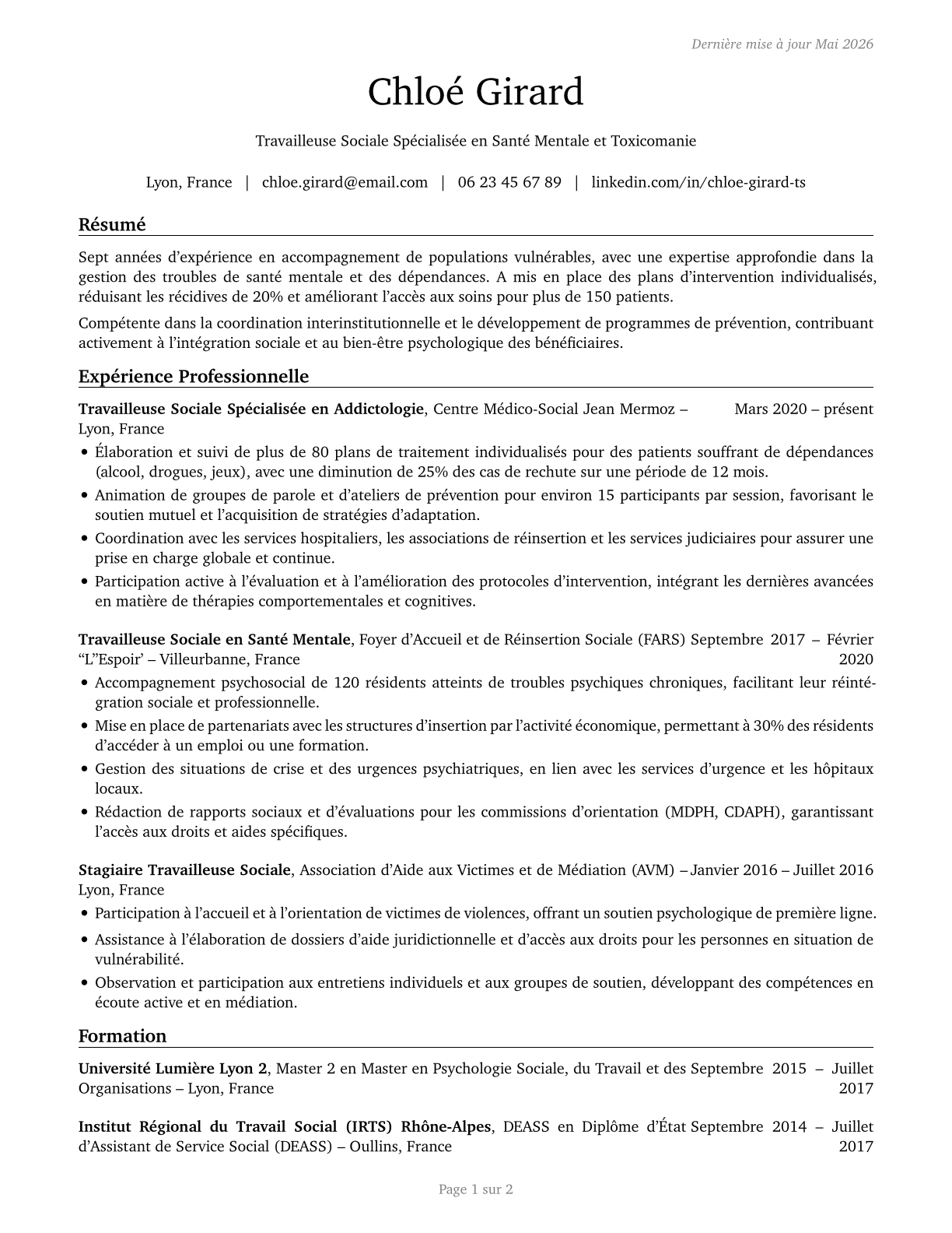 Mental Health and Substance Abuse Social Workers CV in French — page 1