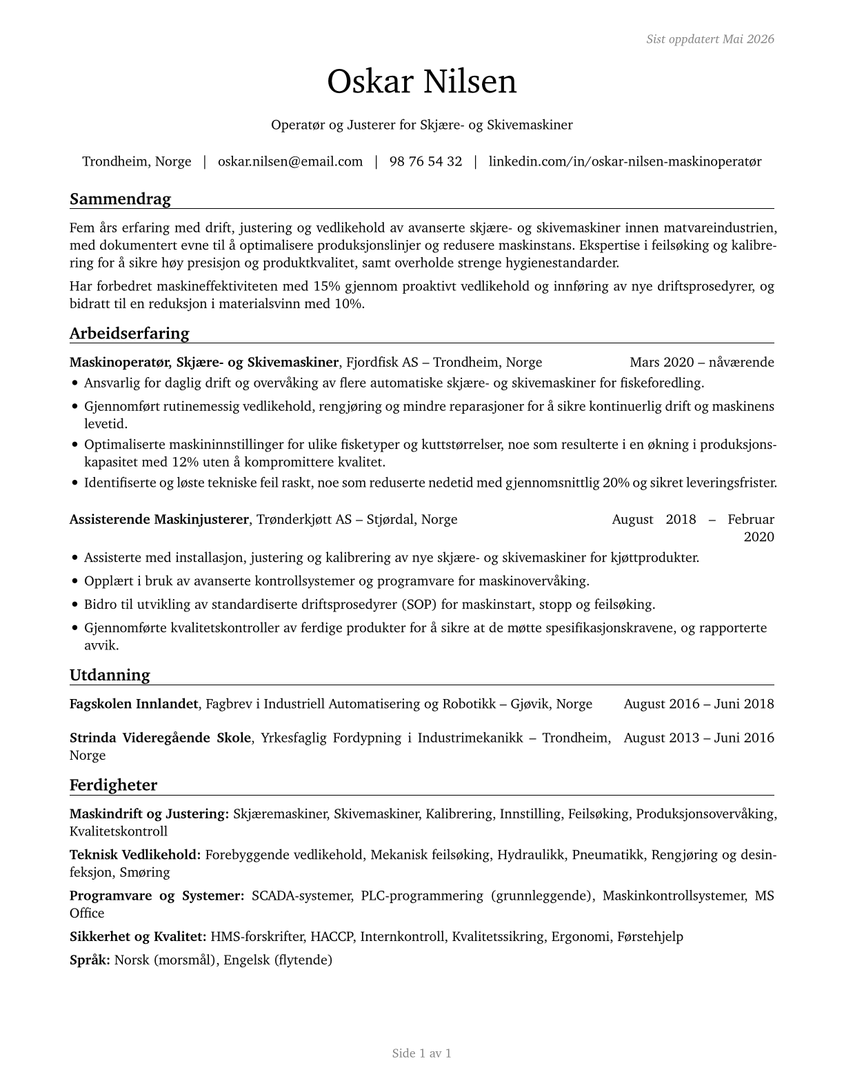 Cutting and Slicing Machine Setters, Operators, and Tenders CV in Norwegian_bokmal — page 1