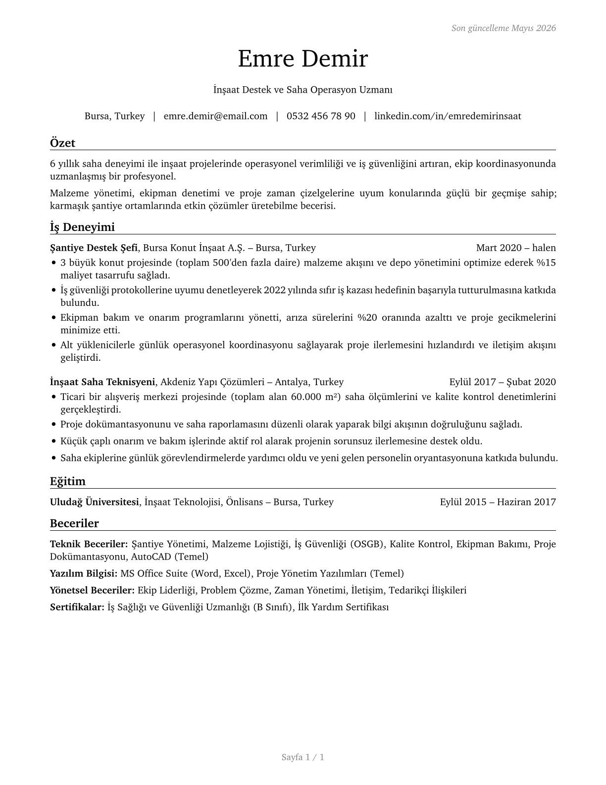 Construction and Related Workers, All Other CV in Turkish — page 1