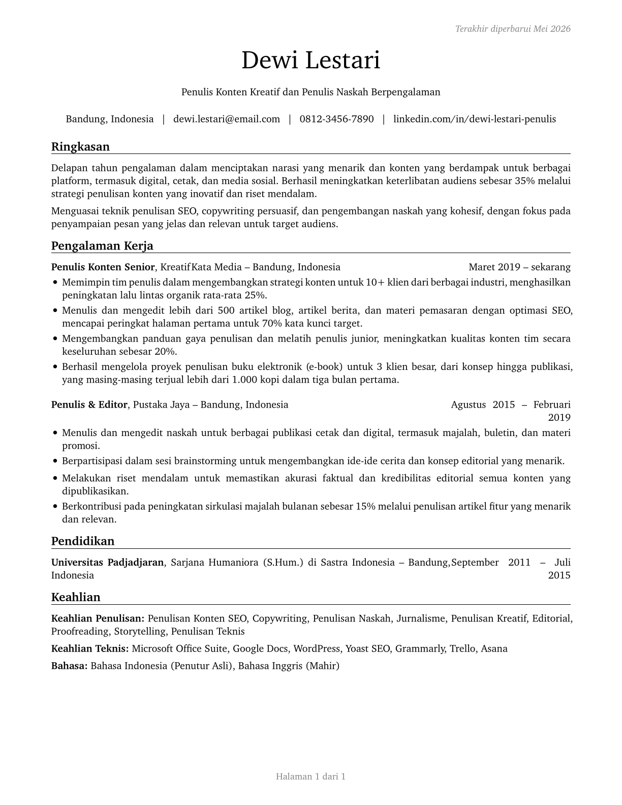 Writers and Authors CV in Indonesian — page 1
