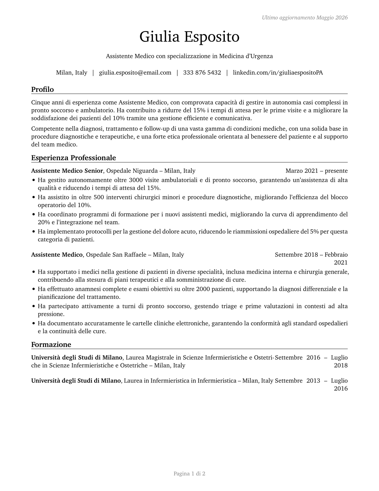 Physician Assistants CV in Italian — page 1