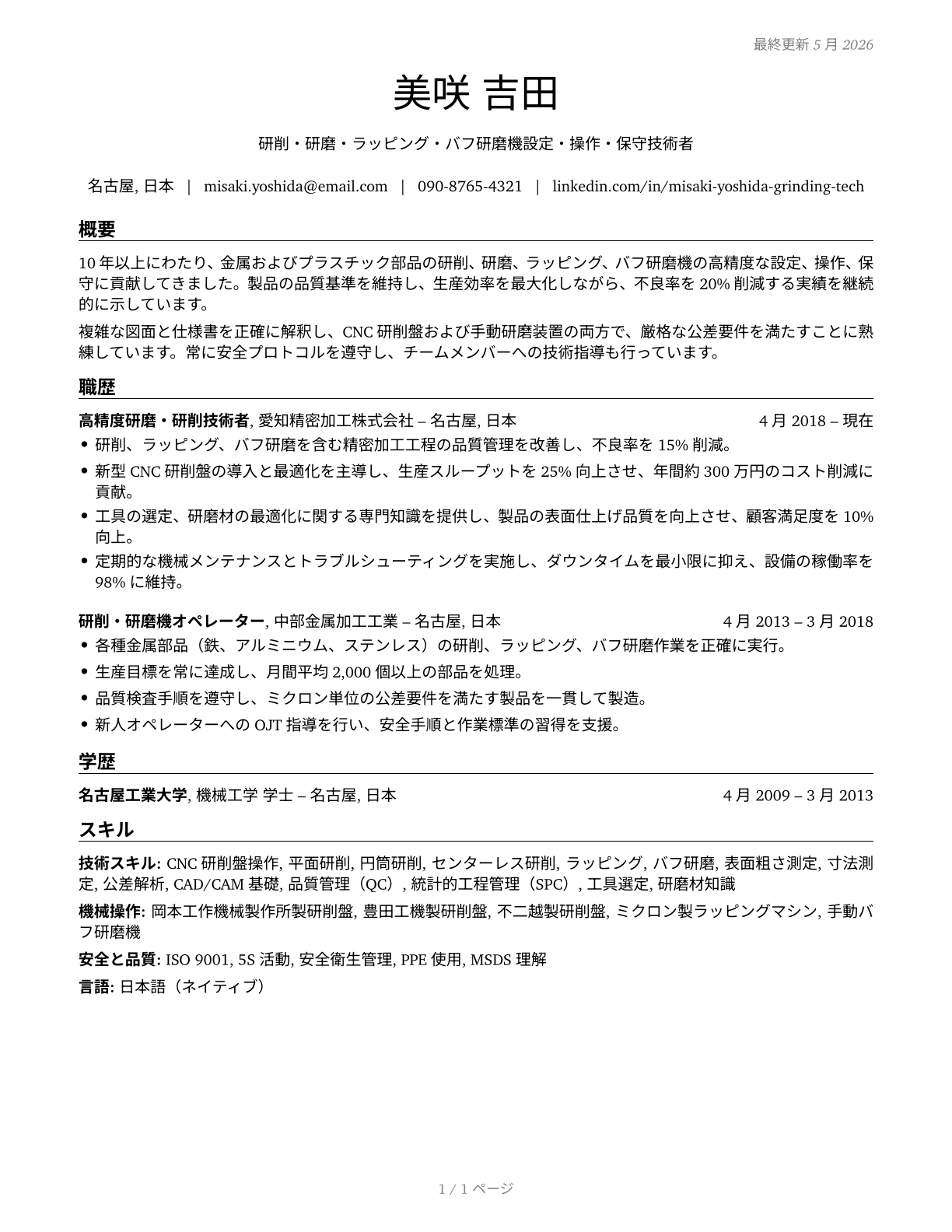 Grinding, Lapping, Polishing, and Buffing Machine Tool Setters, Operators, and Tenders, Metal and Plastic CV in Japanese — page 1