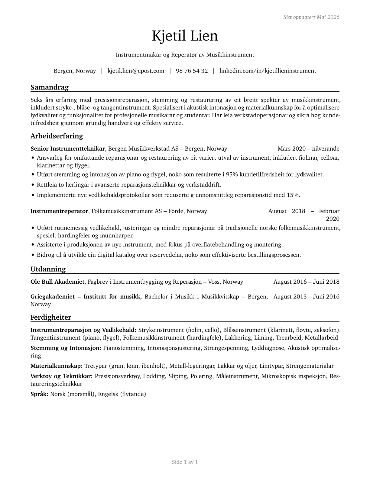 Musical Instrument Repairers and Tuners CV in Norwegian_nynorsk — page 1