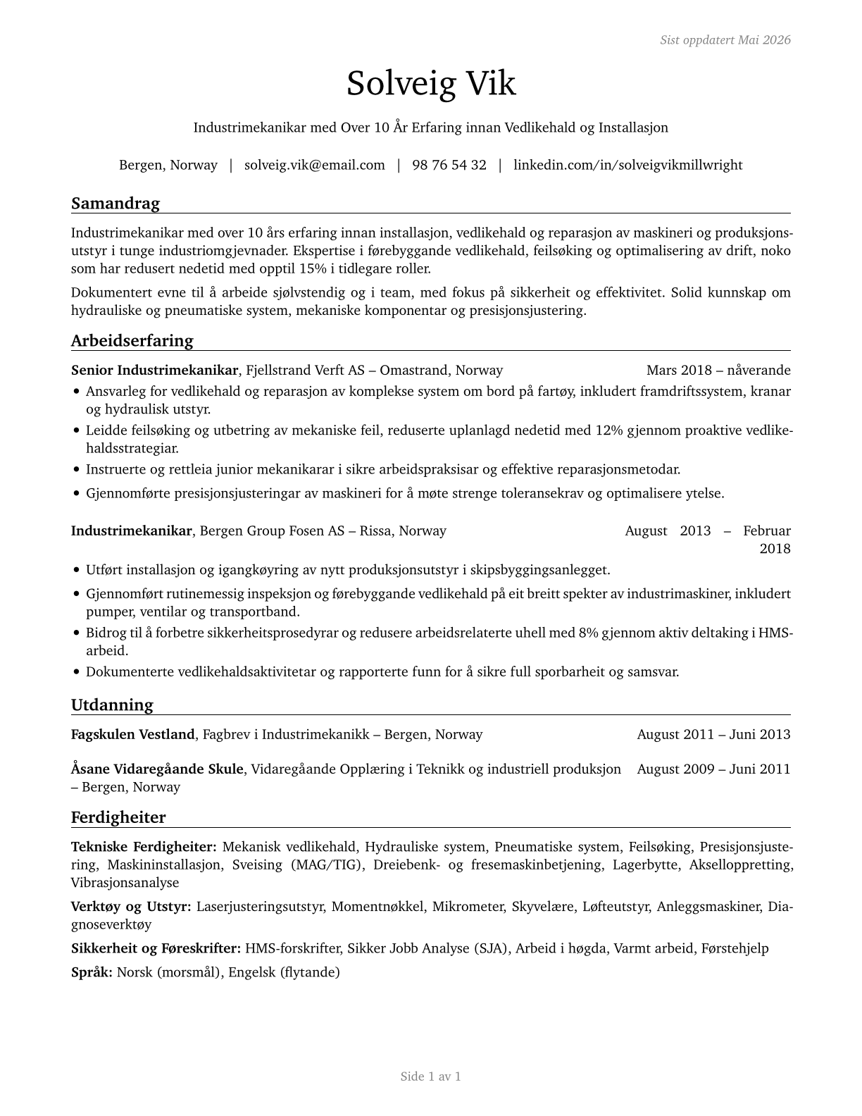 Millwrights CV in Norwegian_nynorsk — page 1