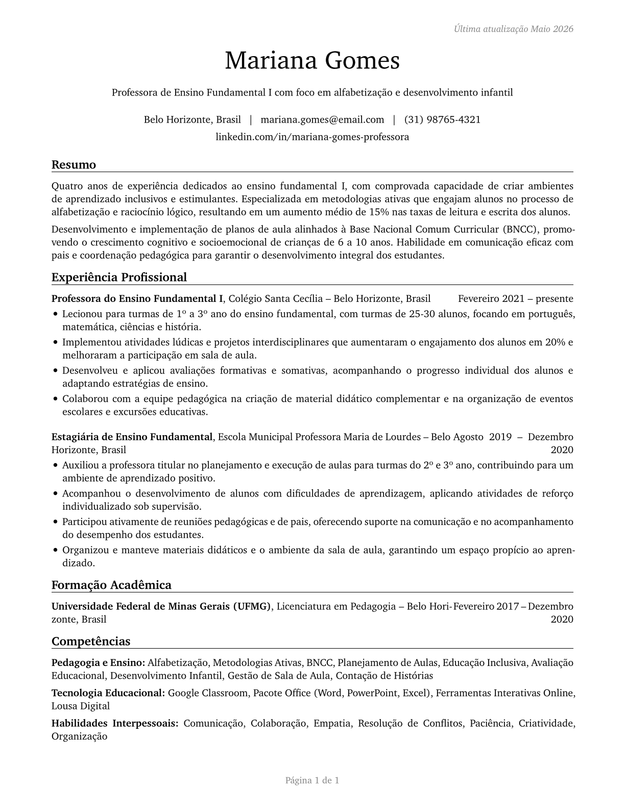 Elementary School Teachers, Except Special Education CV in Portuguese — page 1