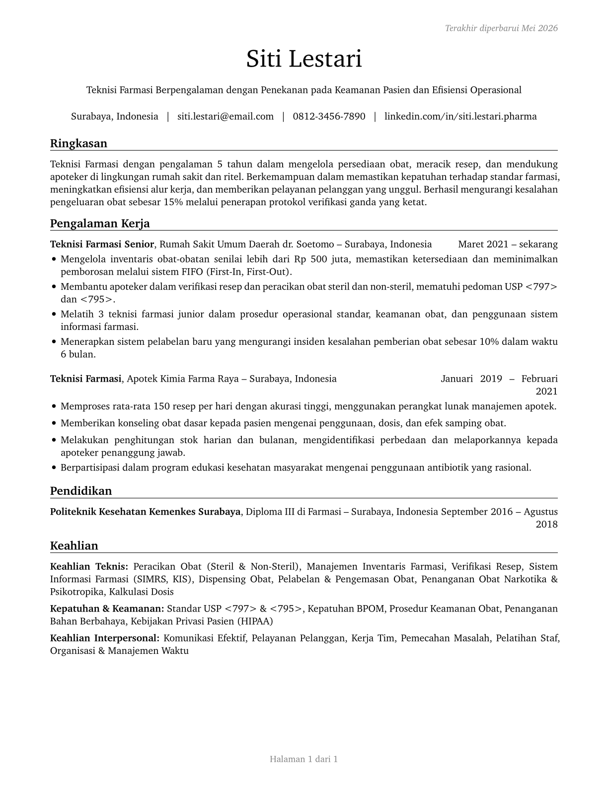 Pharmacy Technicians CV in Indonesian — page 1
