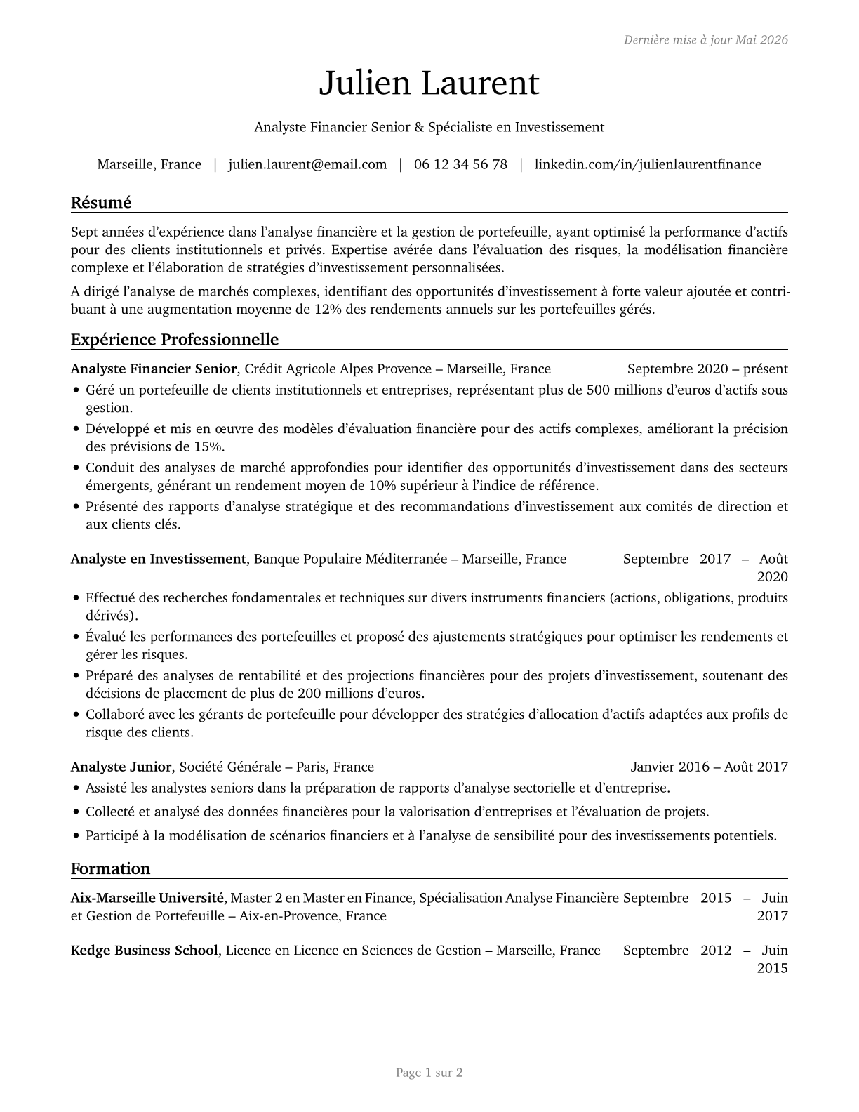 Financial and Investment Analysts CV in French — page 1