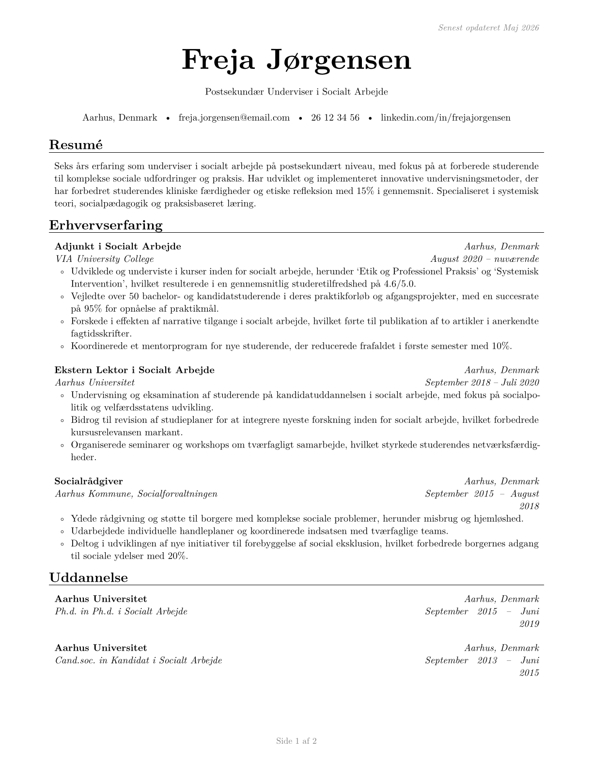 Social Work Teachers, Postsecondary CV in Danish — page 1