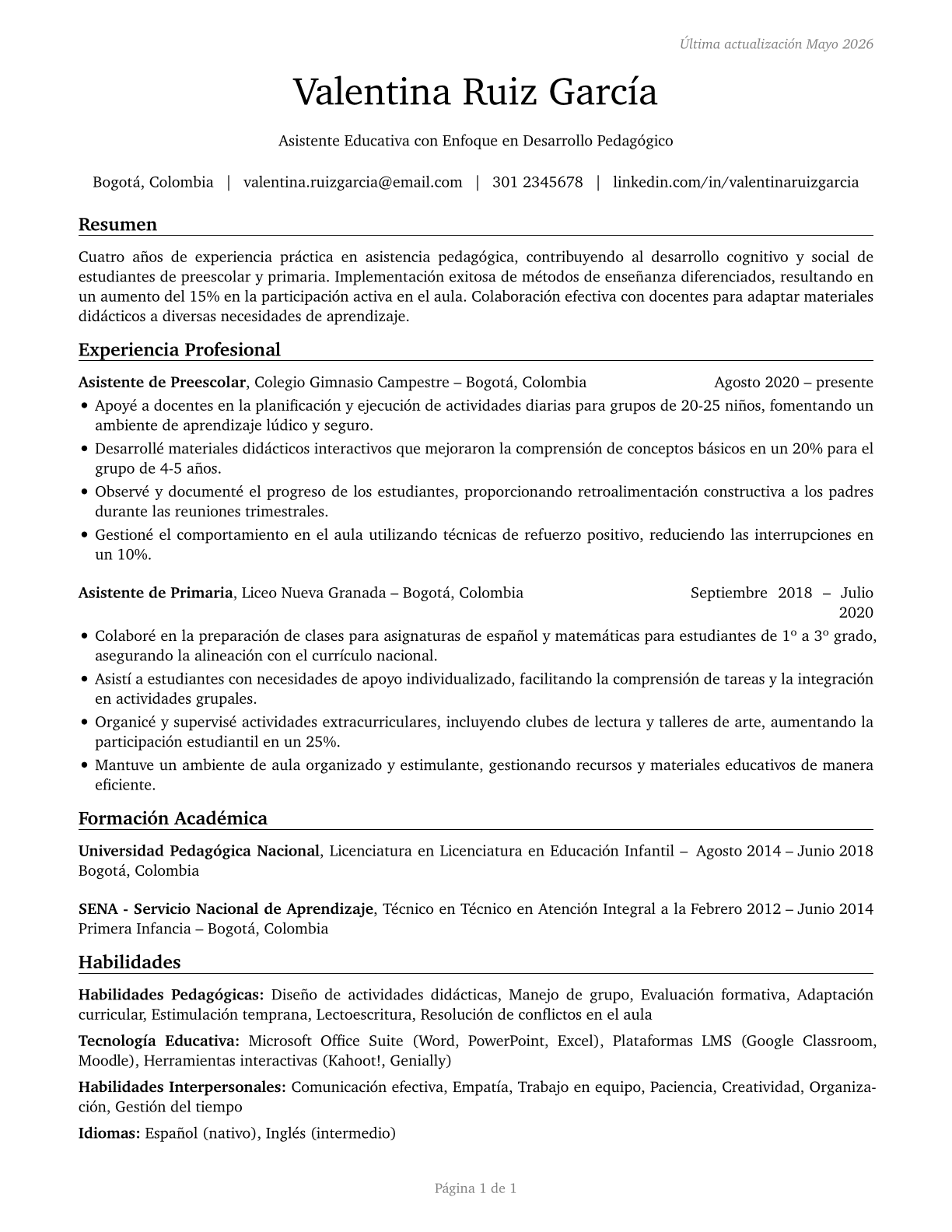 Teaching Assistants, Preschool, Elementary, Middle, and Secondary School, Except Special Education CV in Spanish — page 1