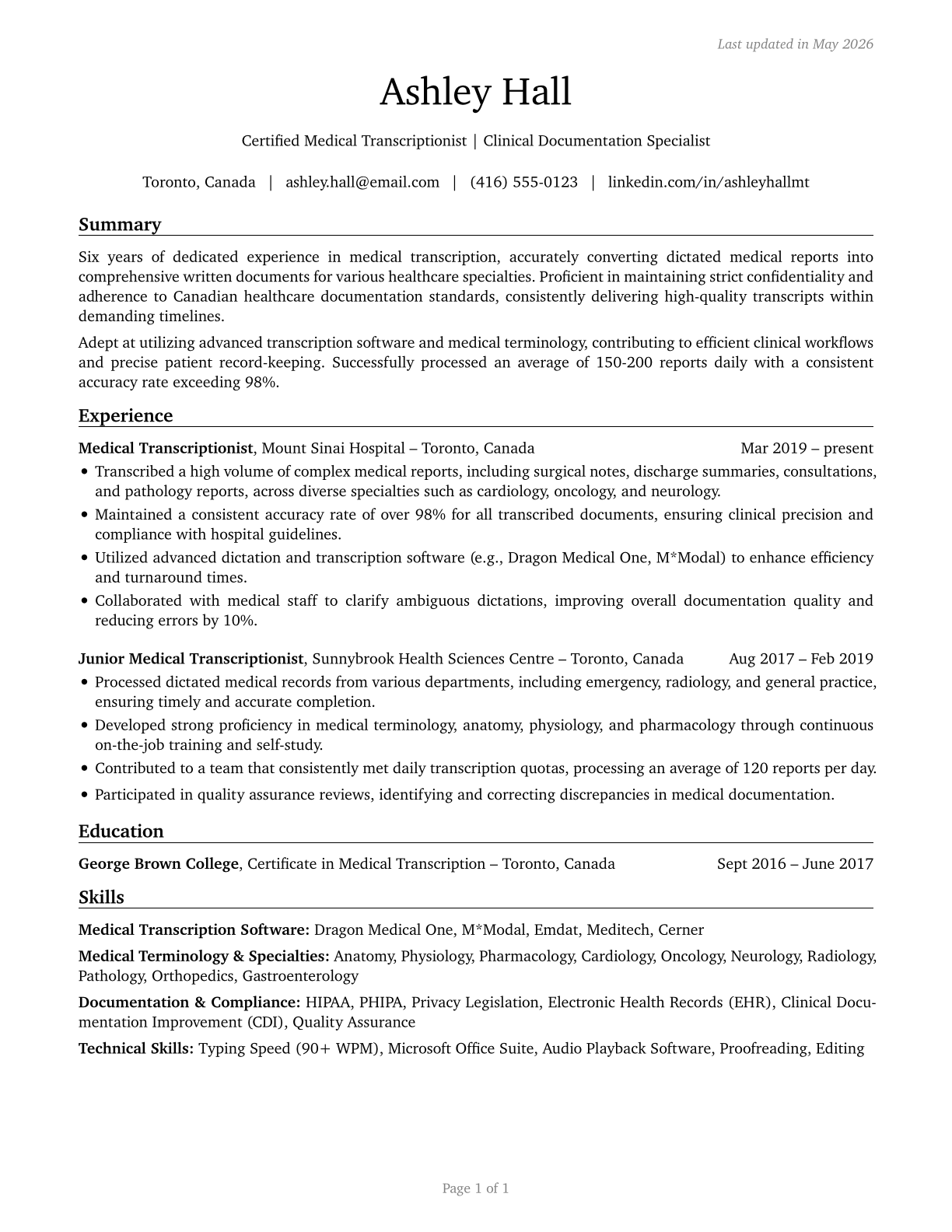 Medical Transcriptionists CV in English — page 1