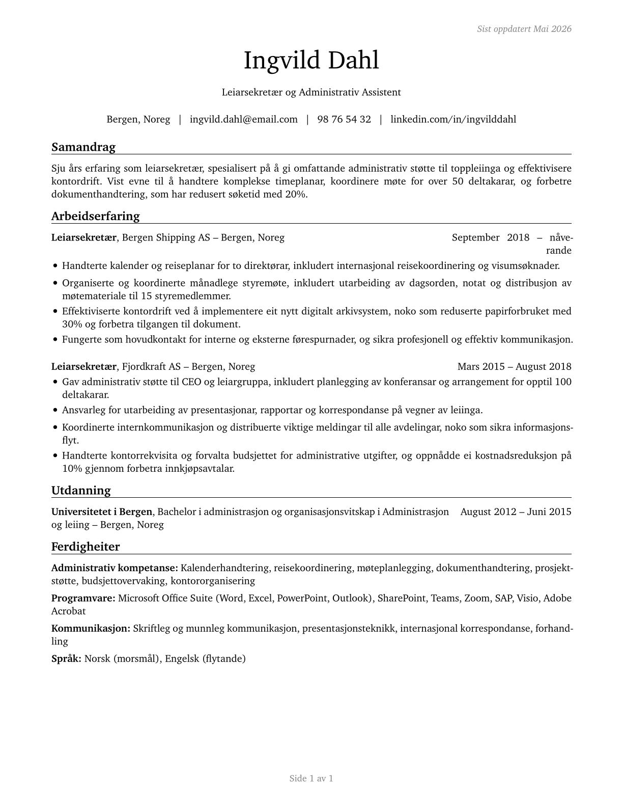 Executive Secretaries and Executive Administrative Assistants CV in Norwegian_nynorsk — page 1