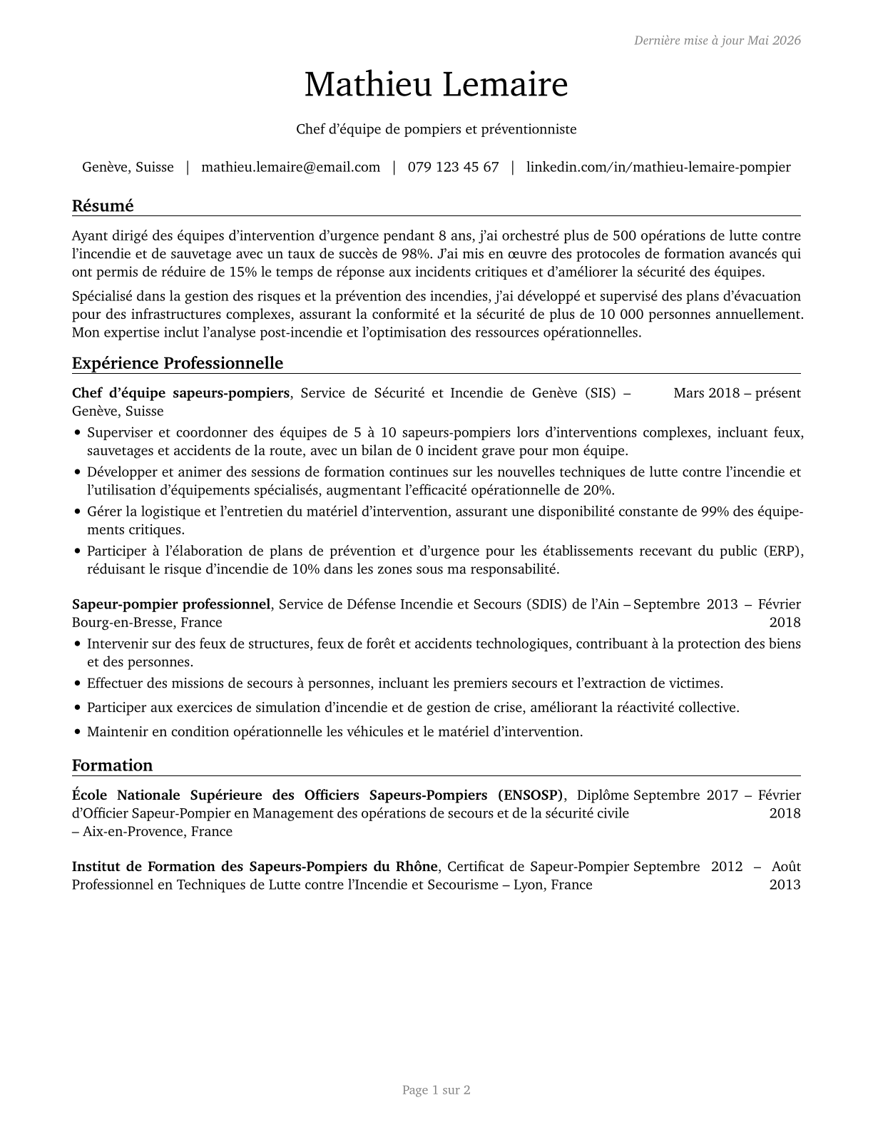 First-Line Supervisors of Firefighting and Prevention Workers CV in French — page 1