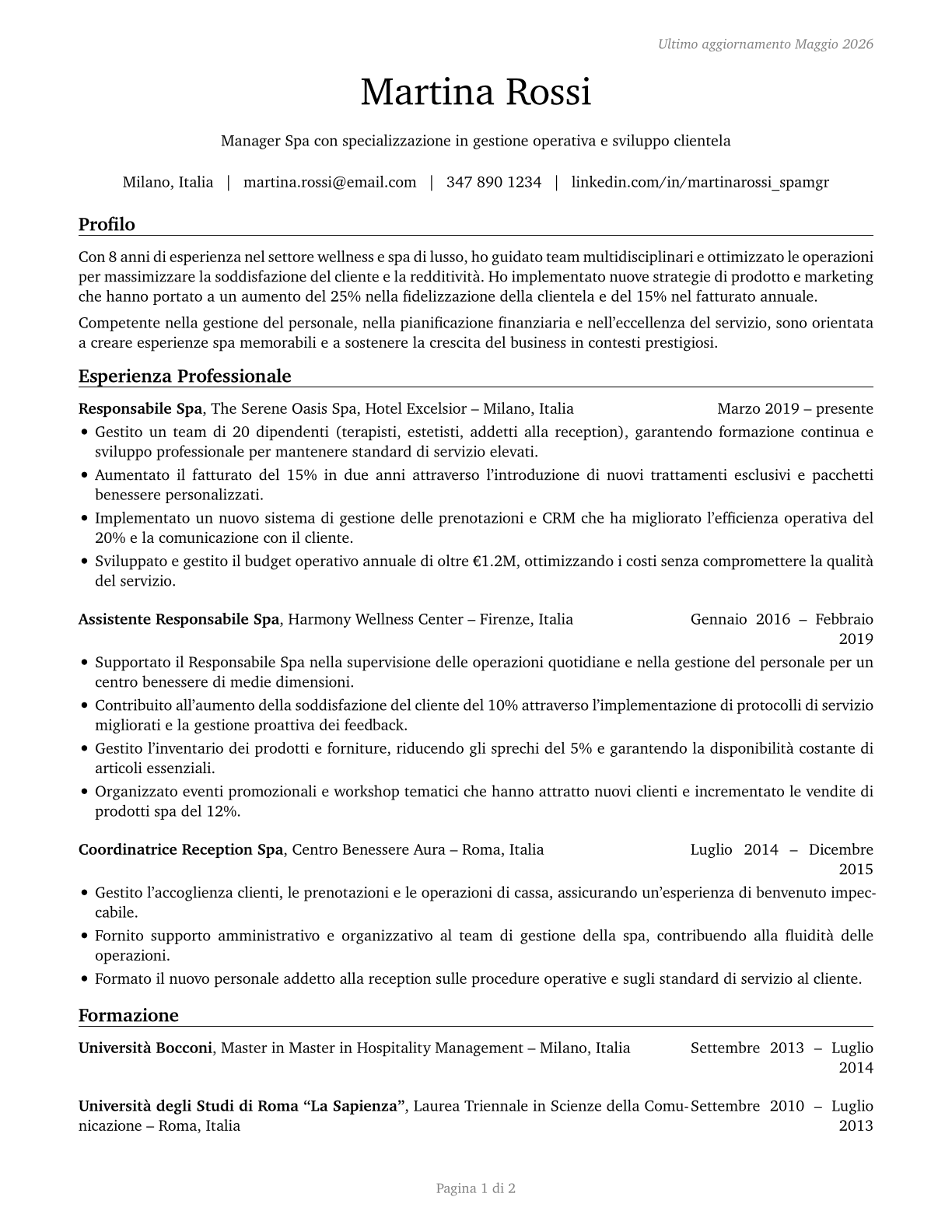 Spa Managers CV in Italian — page 1