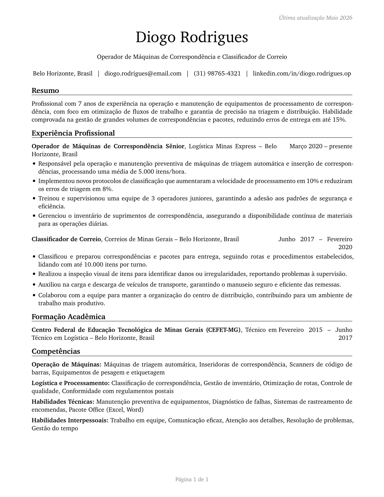 Mail Clerks and Mail Machine Operators, Except Postal Service CV in Portuguese — page 1