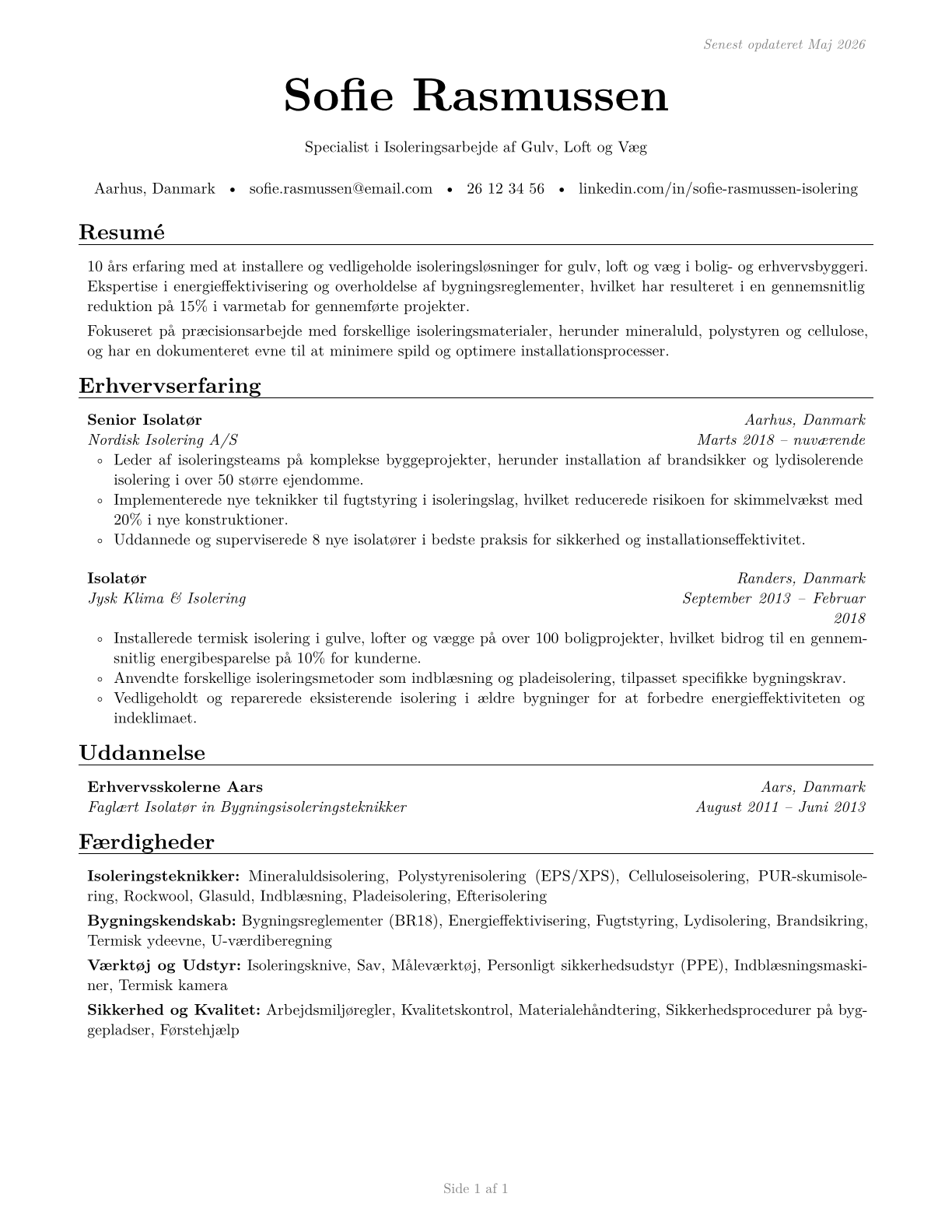 Insulation Workers, Floor, Ceiling, and Wall CV in Danish — page 1