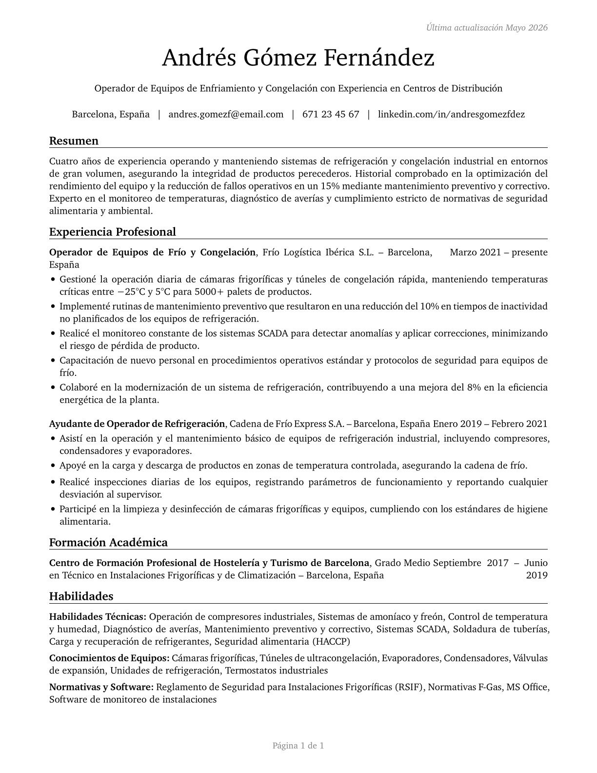 Cooling and Freezing Equipment Operators and Tenders CV in Spanish — page 1