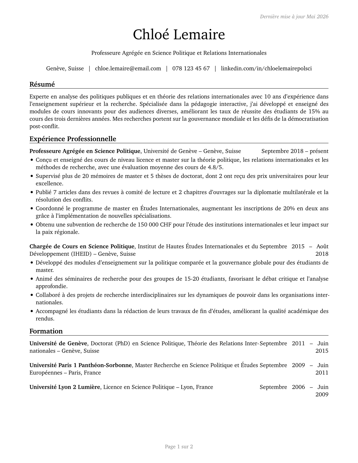 Political Science Teachers, Postsecondary CV in French — page 1