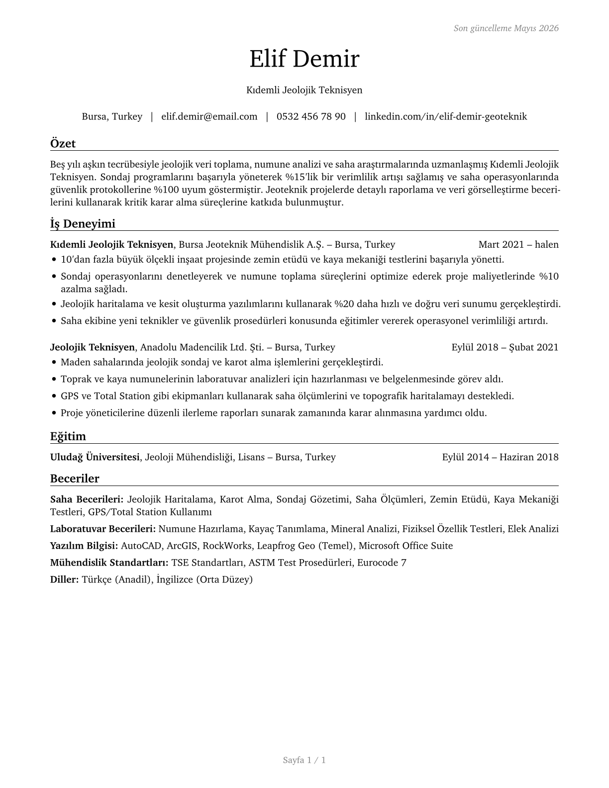 Geological Technicians, Except Hydrologic Technicians CV in Turkish — page 1