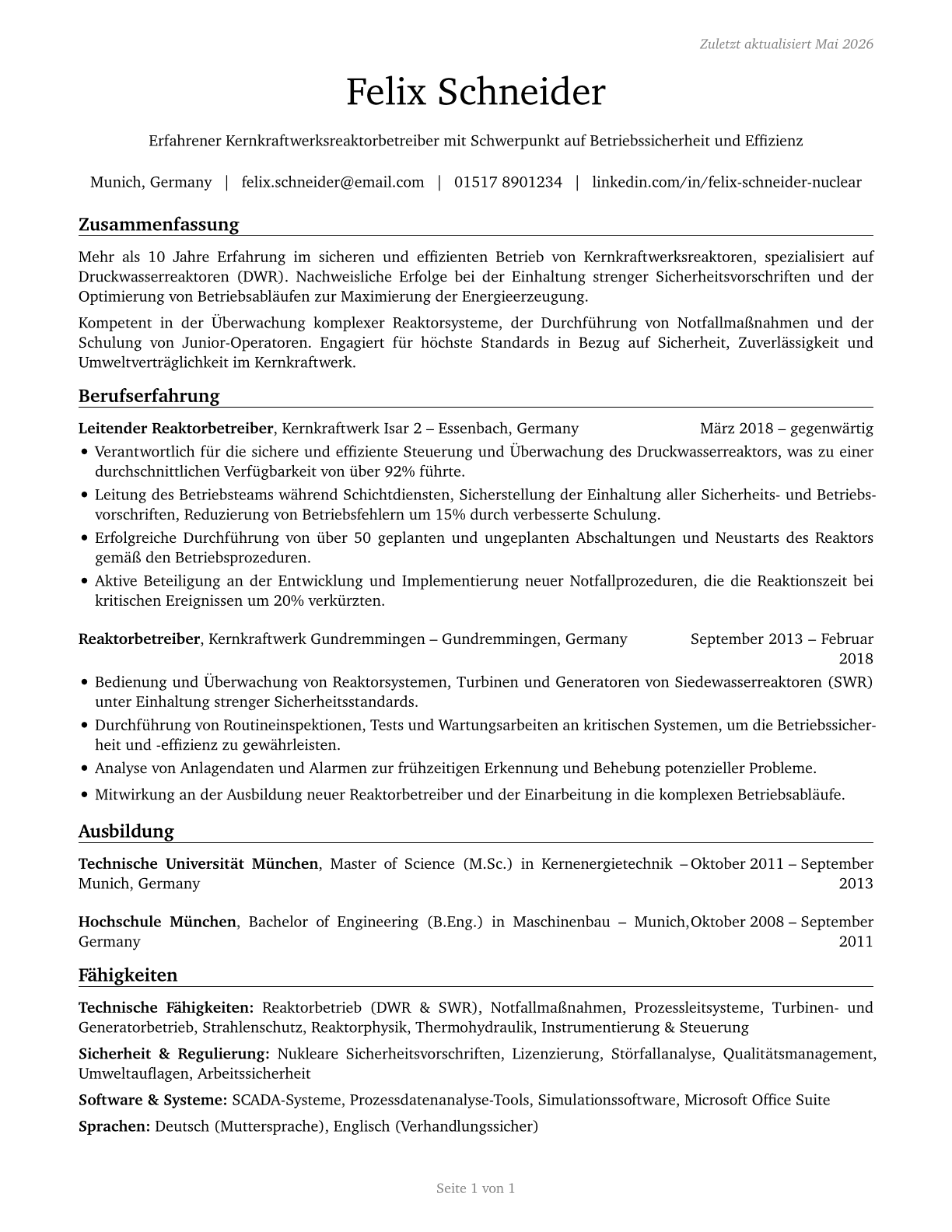 Nuclear Power Reactor Operators CV in German — page 1
