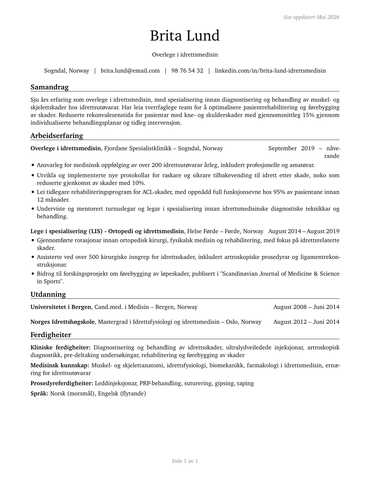 Sports Medicine Physicians CV in Norwegian_nynorsk — page 1