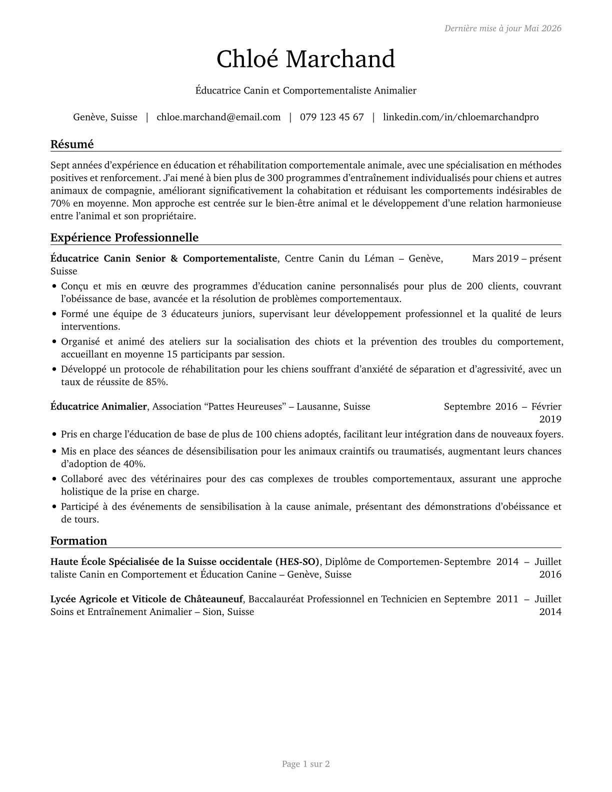 Animal Trainers CV in French — page 1