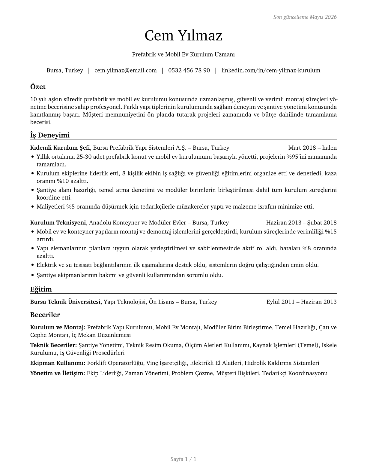 Manufactured Building and Mobile Home Installers CV in Turkish — page 1