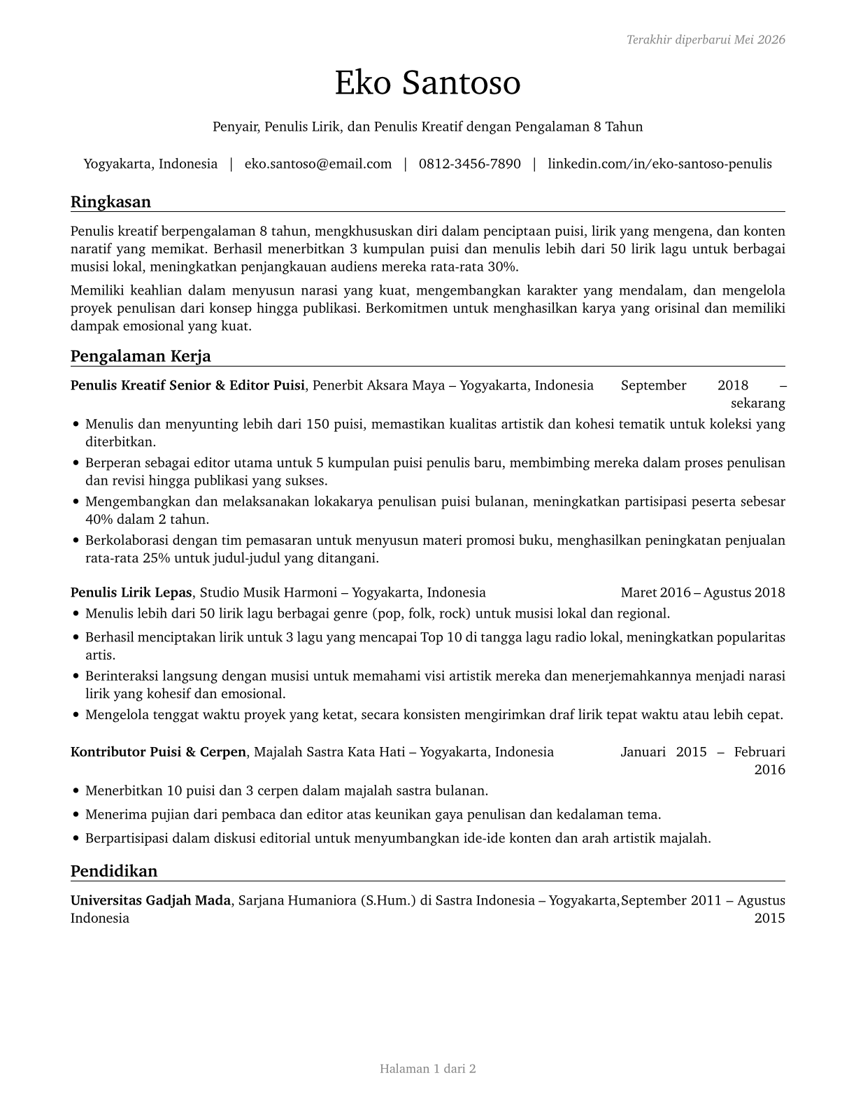 Poets, Lyricists and Creative Writers CV in Indonesian — page 1
