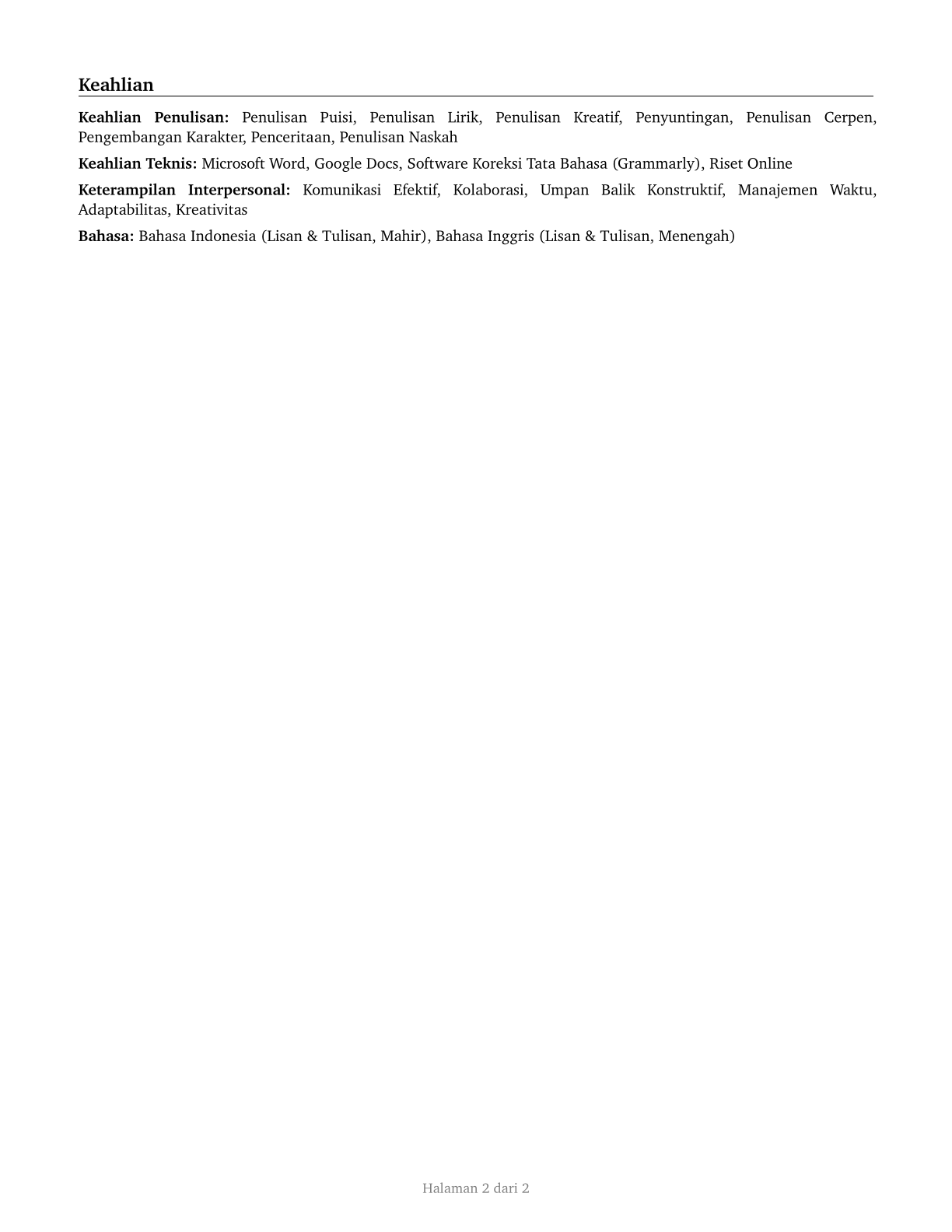 Poets, Lyricists and Creative Writers CV in Indonesian — page 2
