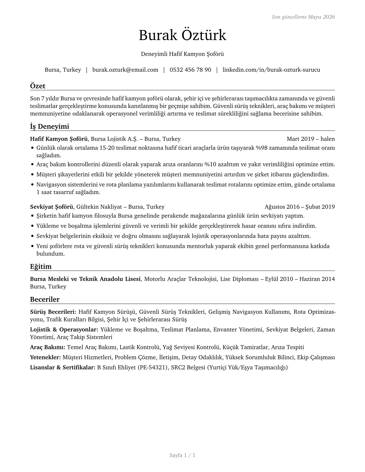 Light Truck Drivers CV in Turkish — page 1