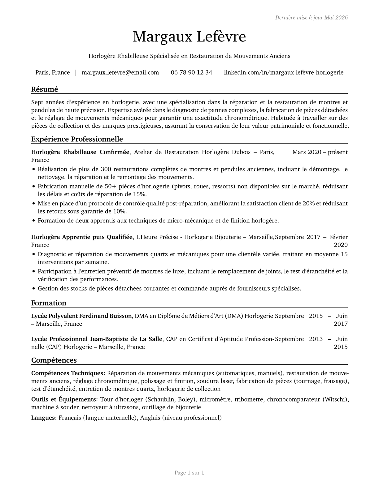 Watch and Clock Repairers CV in French — page 1