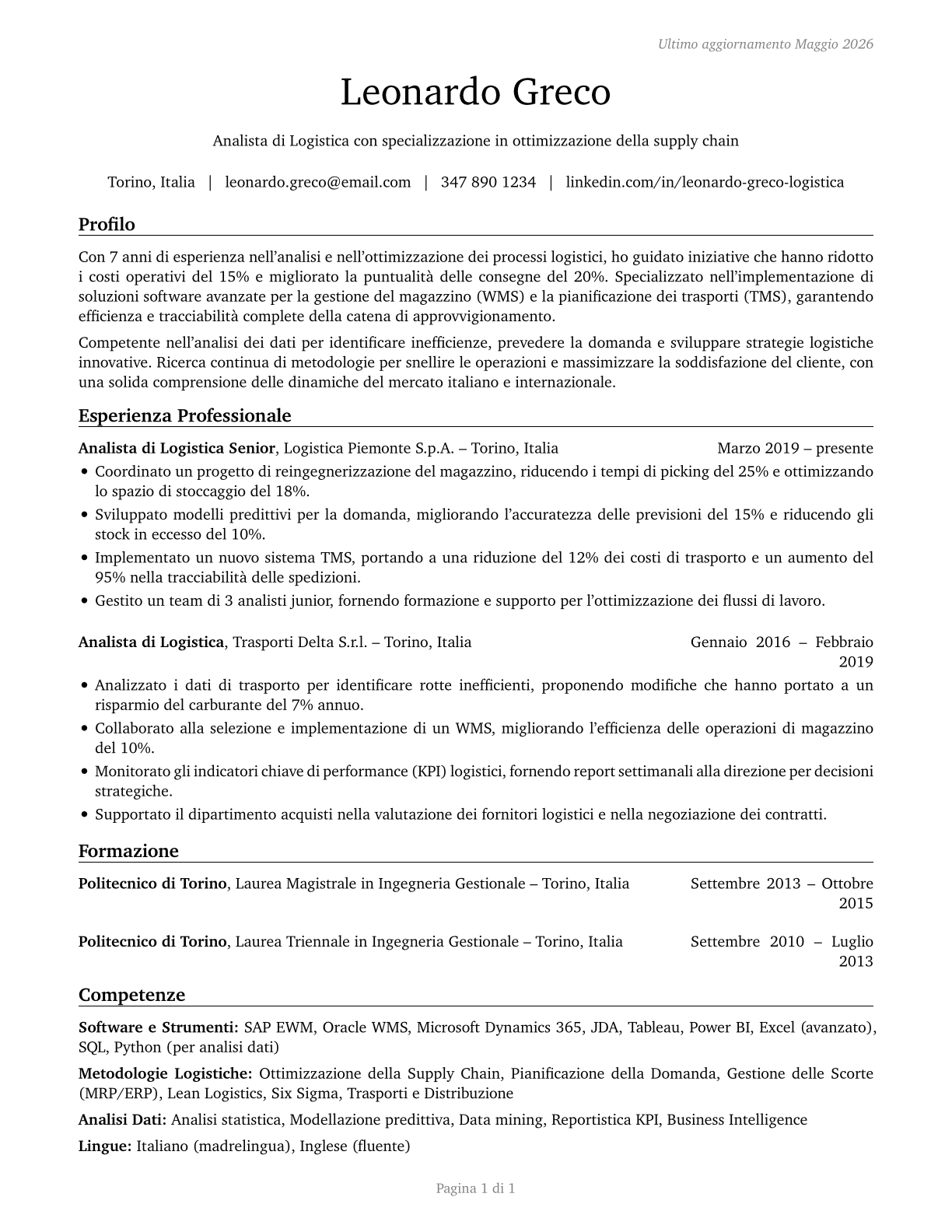 Logistics Analysts CV in Italian — page 1