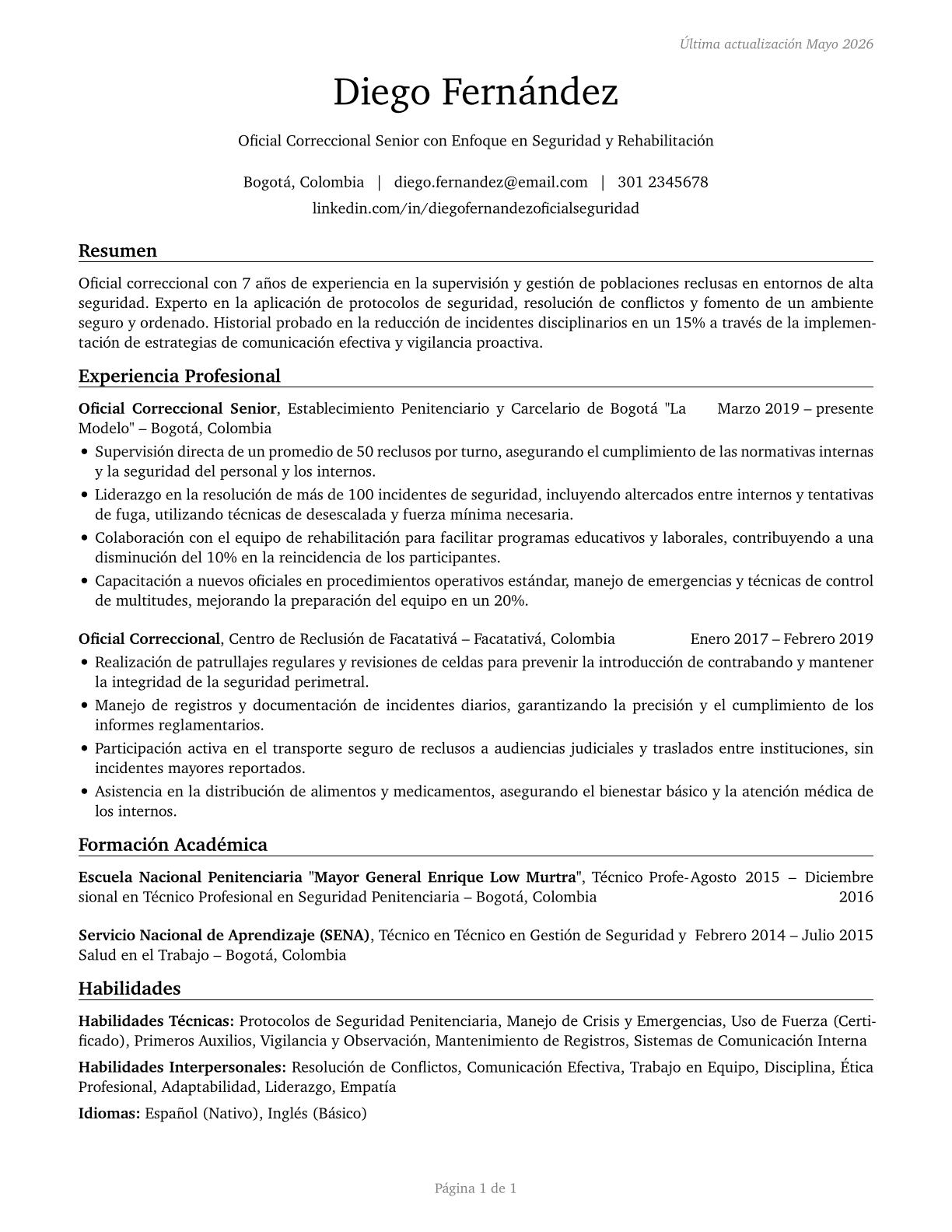 Correctional Officers and Jailers CV in Spanish — page 1