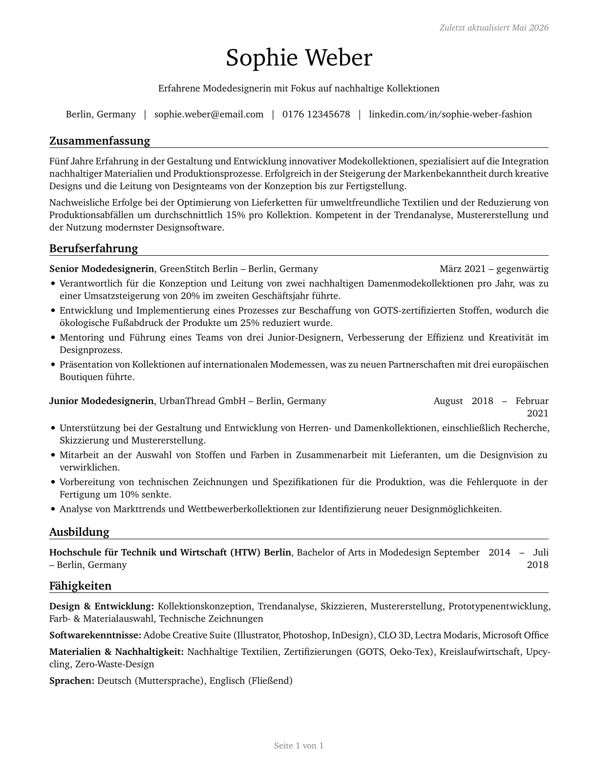 Fashion Designers CV in German — page 1