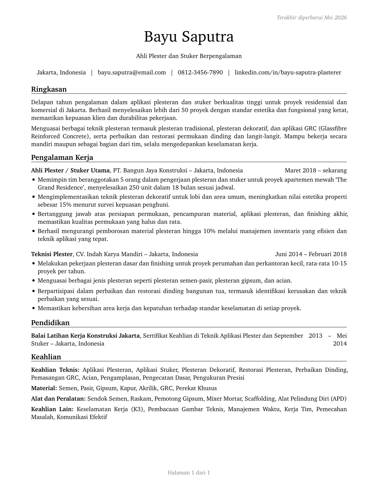 Plasterers and Stucco Masons CV in Indonesian — page 1