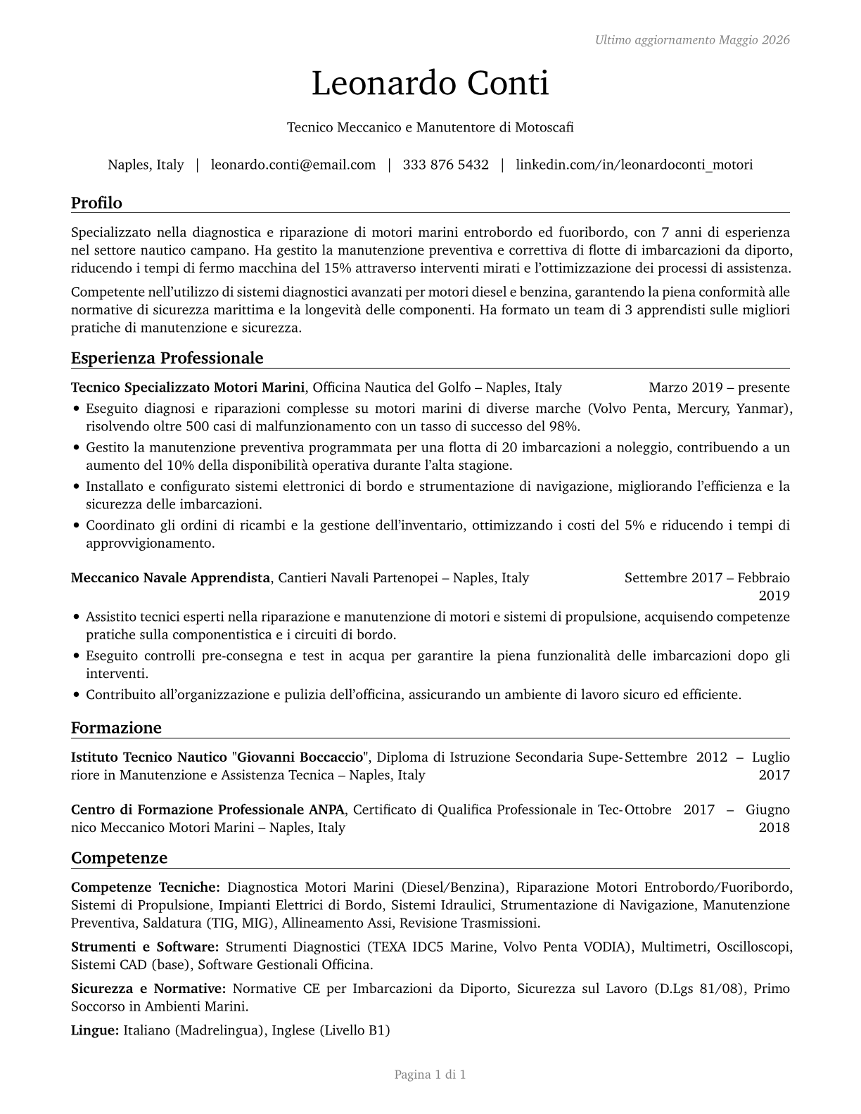 Motorboat Mechanics and Service Technicians CV in Italian — page 1