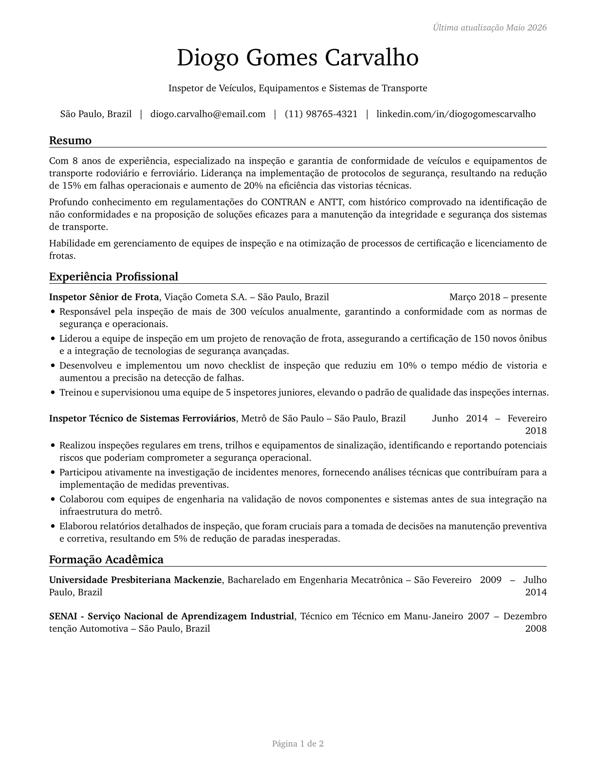 Transportation Vehicle, Equipment and Systems Inspectors, Except Aviation CV in Portuguese — page 1