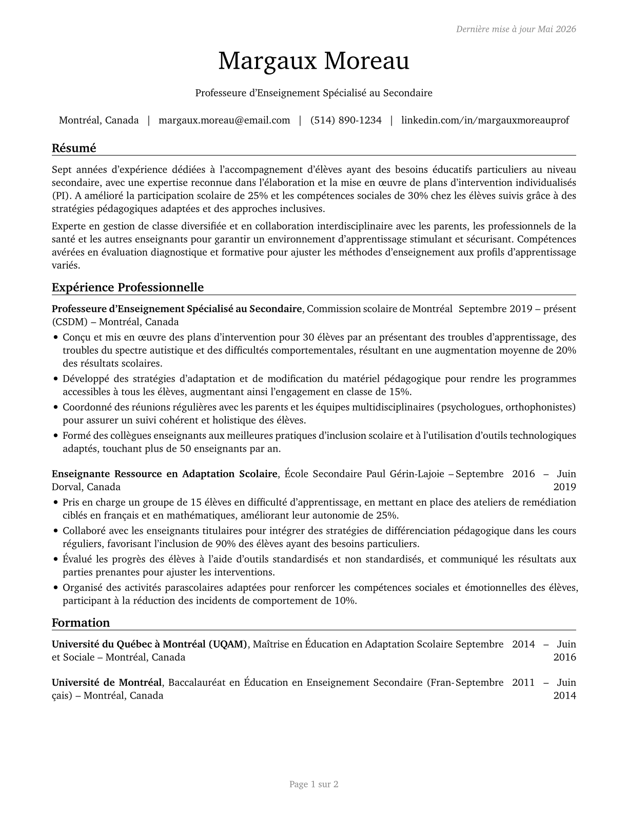 Special Education Teachers, Secondary School CV in French — page 1