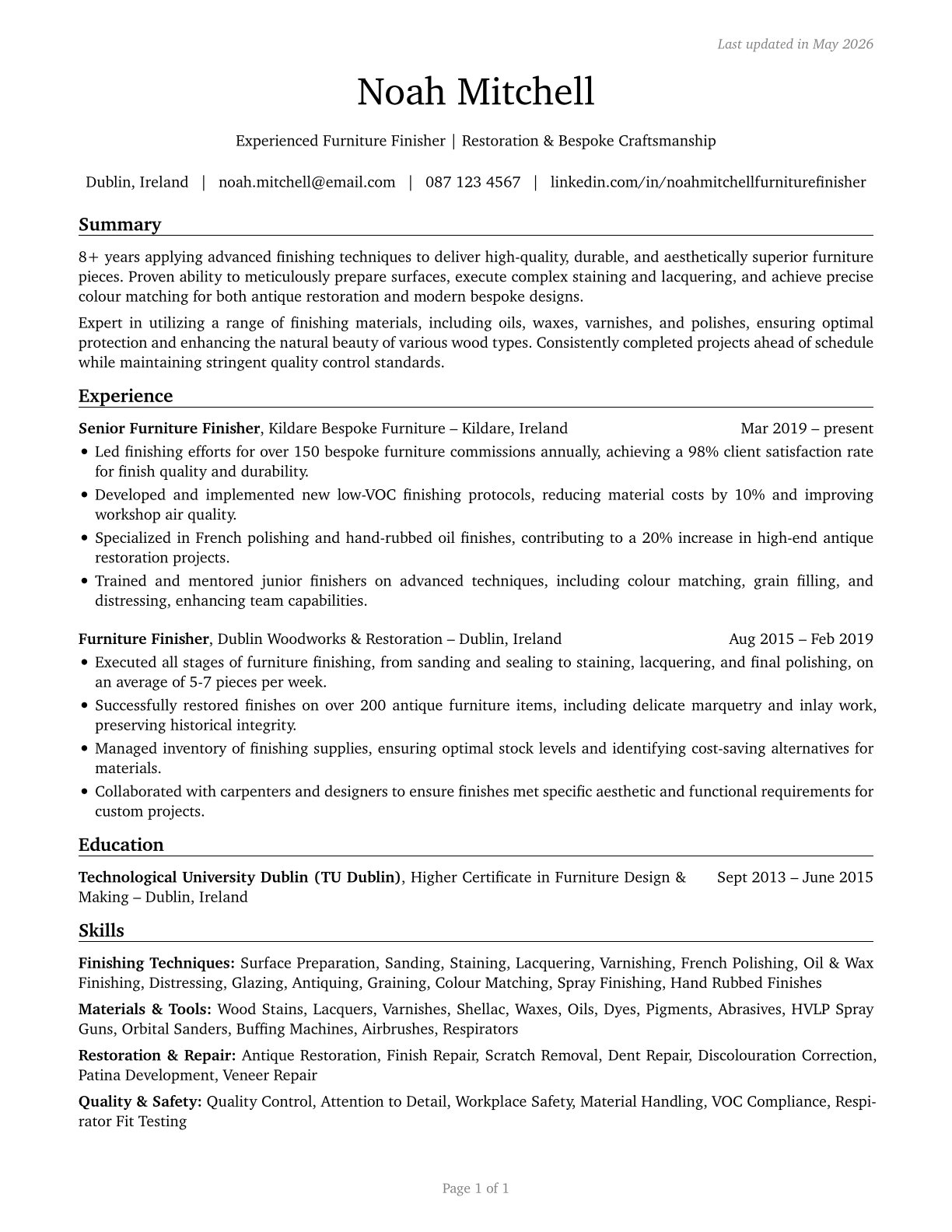 Furniture Finishers CV in English — page 1
