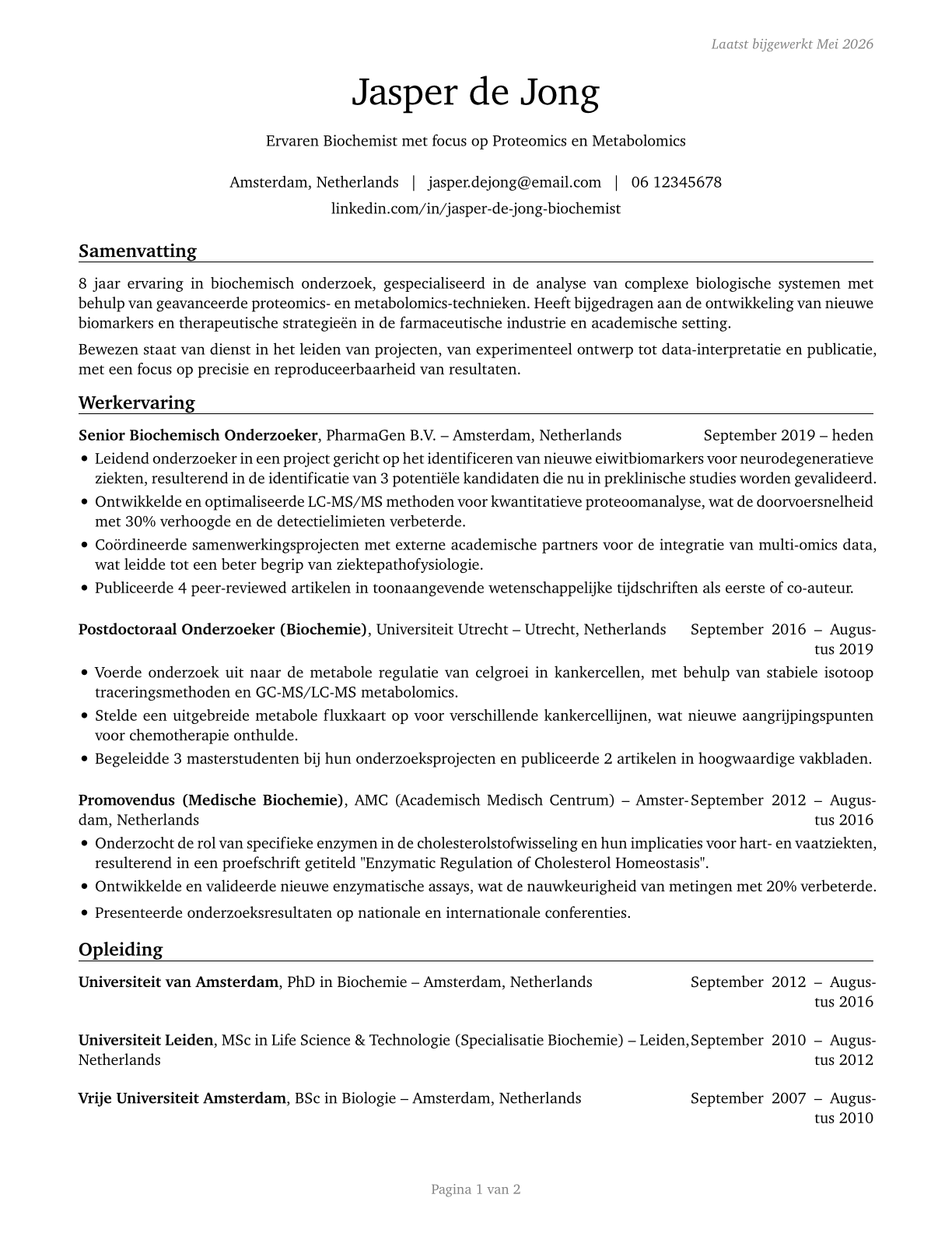 Biochemists and Biophysicists CV in Dutch — page 1
