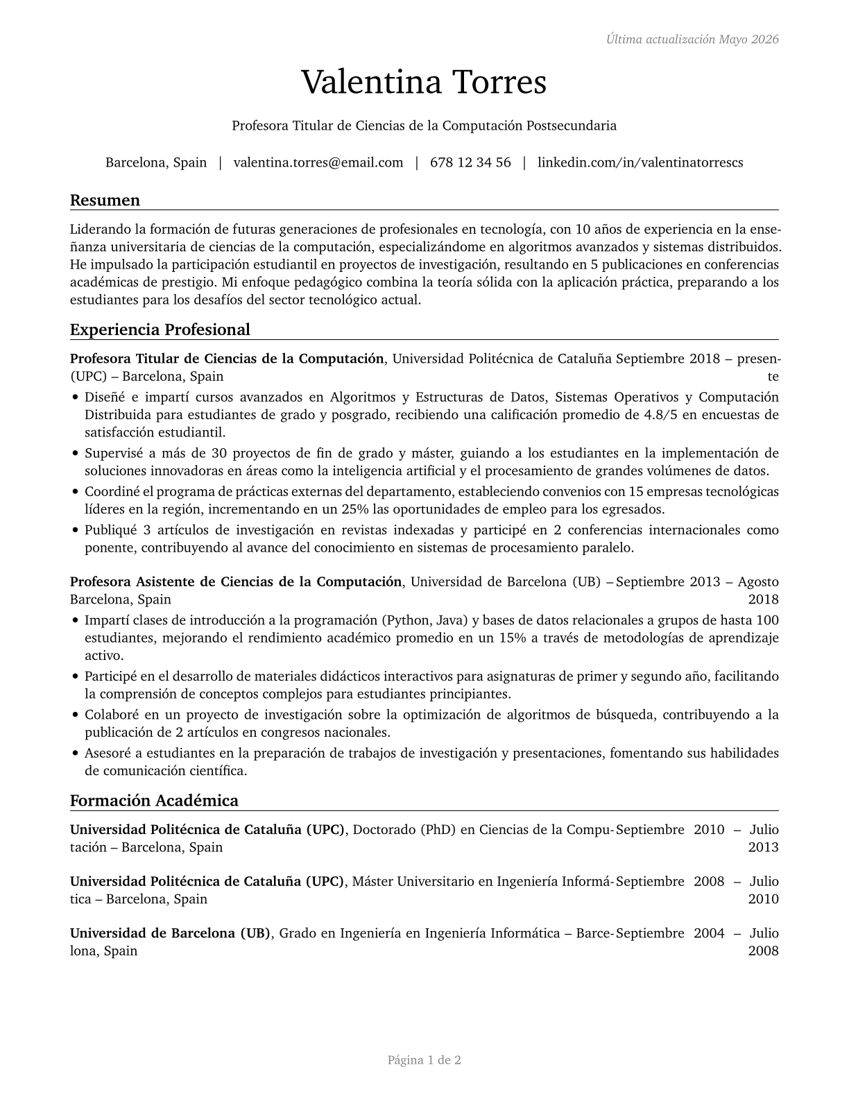 Computer Science Teachers, Postsecondary CV in Spanish — page 1