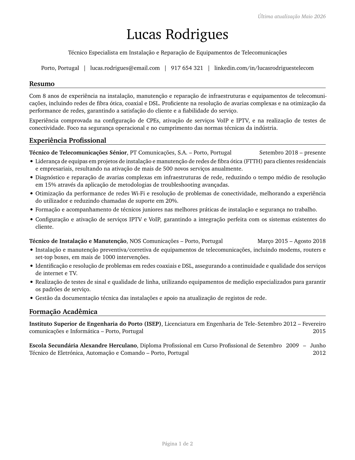 Telecommunications Equipment Installers and Repairers, Except Line Installers CV in Portuguese — page 1