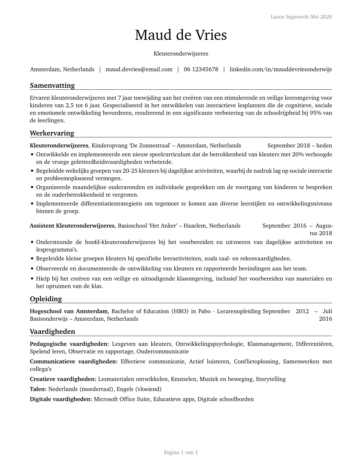 Kindergarten Teachers, Except Special Education CV in Dutch — page 1