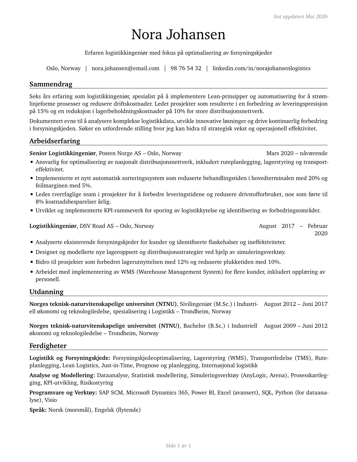 Logistics Engineers CV in Norwegian_bokmal — page 1